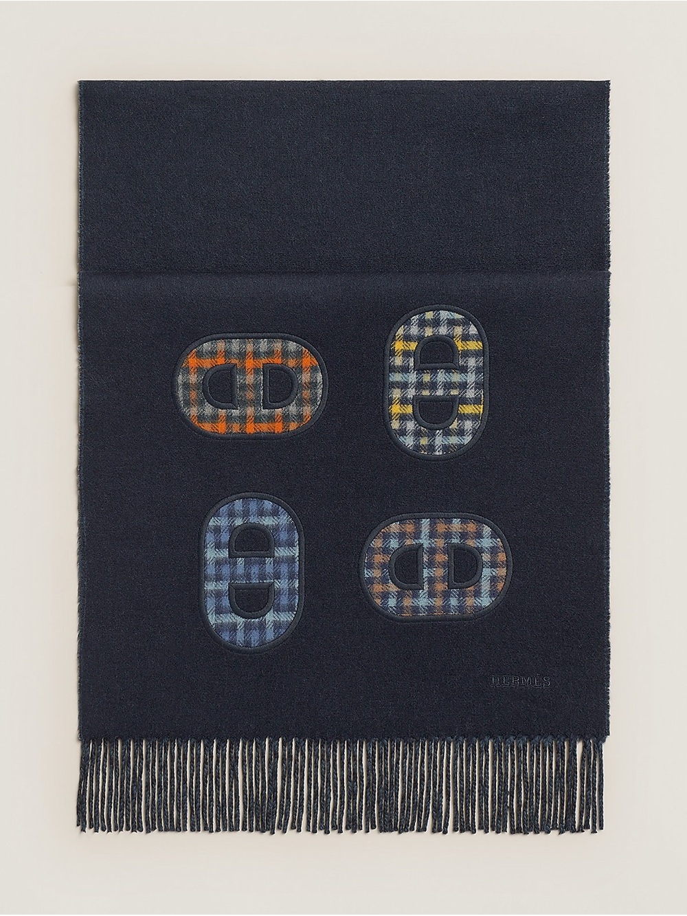 Hermès Recto-Verso Maillons Colores 100% Cashmere Scarf Bleu Marine Reversible - Picture 7 of 16